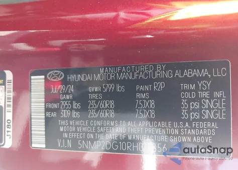 2024 Hyundai Santa Fe Hybrid Sel from USA, damaged, VIN 5NMP2DG10RH016856